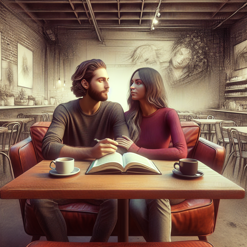 A couple sitting together in a cozy Los Angeles cafe, discussing their goals with a notebook in hand, embodying mindful love and an awakened partnership.