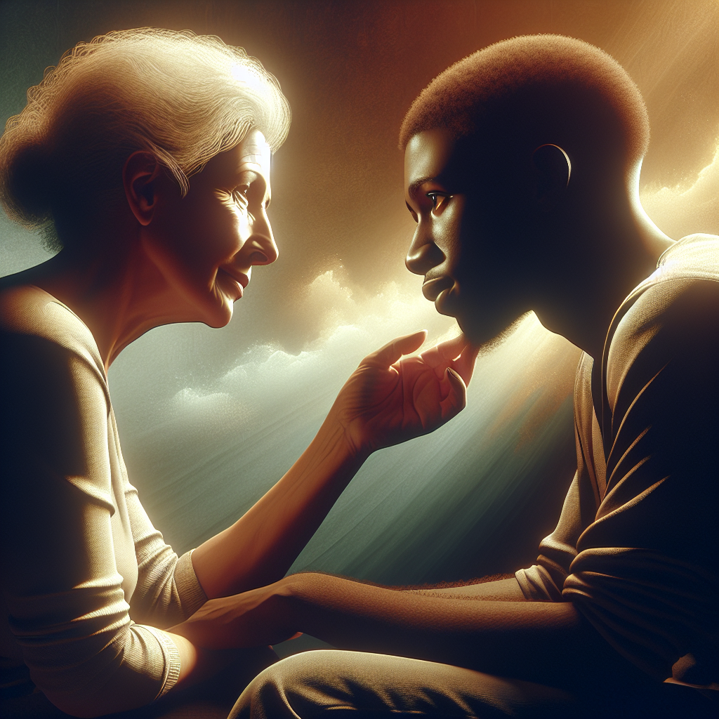 A calm and cozy scene depicting two people engaged in a heartfelt conversation, highlighting the essence of authentic connection and the flow of relationship dynamics.