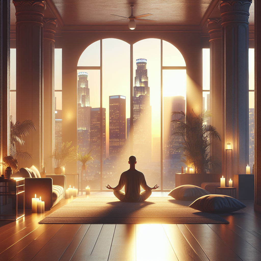 A serene scene of a peaceful meditation space with soft lighting, representing the journey of inner peace through spiritual counseling and soul-centered therapy in Los Angeles.