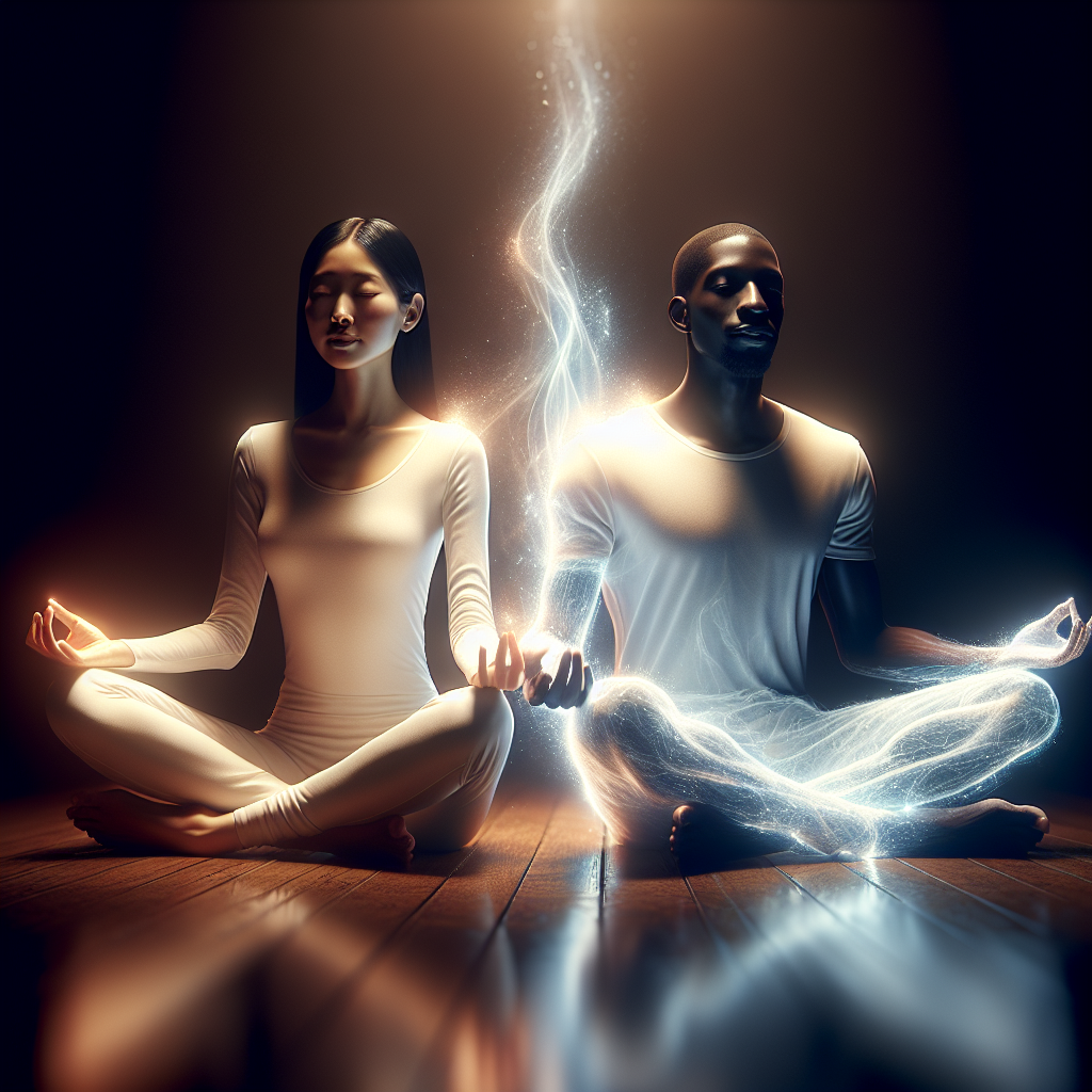 A serene couple meditating together, surrounded by soft, glowing light, symbolizing their spiritual connection and sacred love.