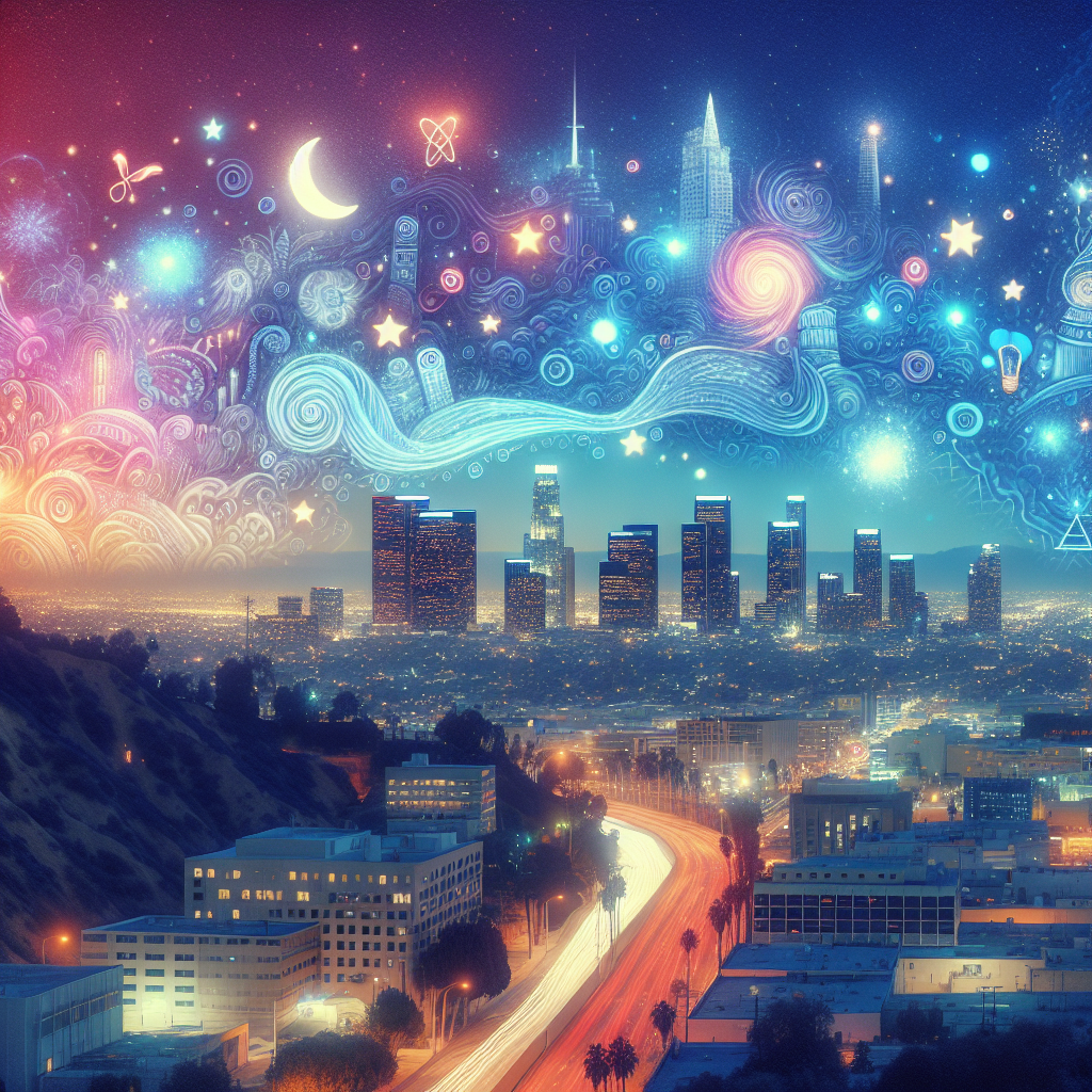 A dreamy landscape of Los Angeles at night, blending with abstract symbols of the subconscious and dream interpretation, suggesting personal growth through tapping into hidden thoughts.