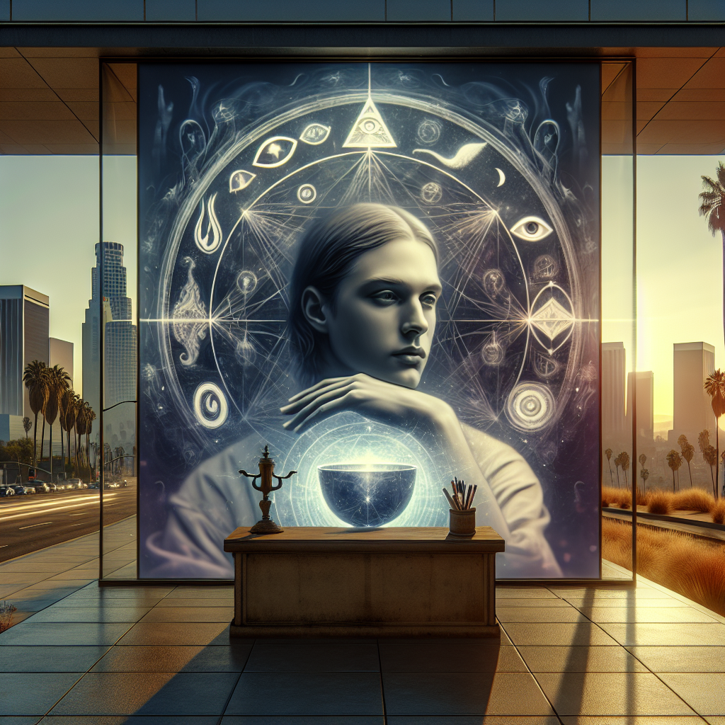 A calm psychic in Los Angeles gazing thoughtfully into the distance, surrounded by mystical symbols, intuitively perceiving visions of the future.