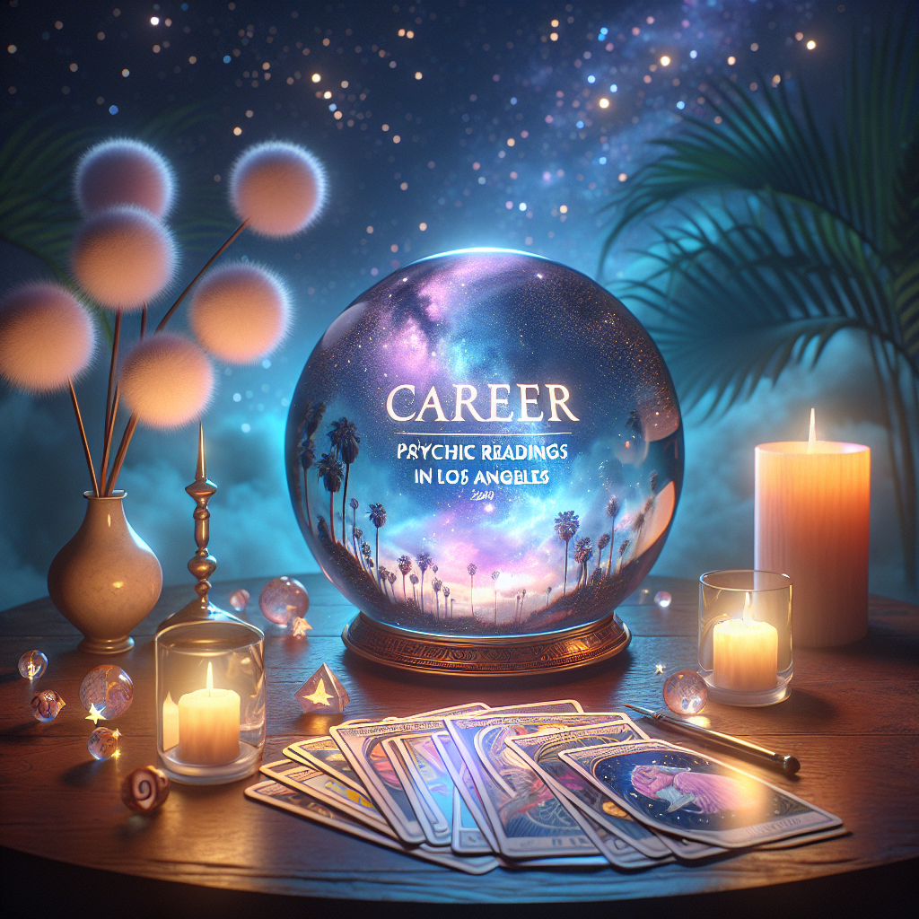 A serene setting with a crystal ball, tarot cards, and starry night sky, symbolizing career psychic readings in Los Angeles for professional guidance.