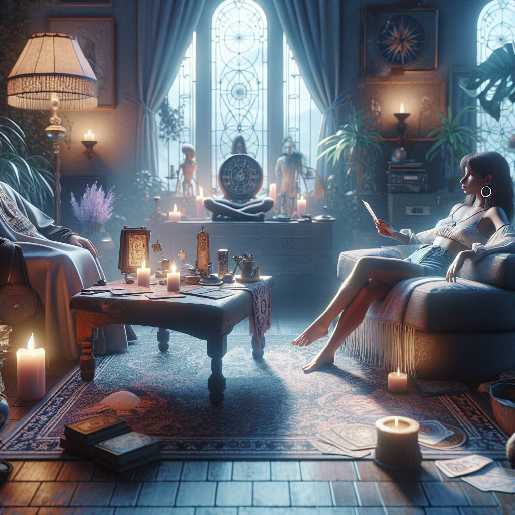 A calm and laid-back tarot card reading session in Los Angeles, featuring a relaxed psychic advisor surrounded by mystical decor and soft lighting.
