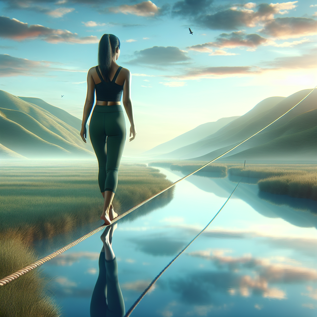 A person walking on a tightrope above a serene landscape, symbolizing the delicate balance between self-help and self-acceptance.
