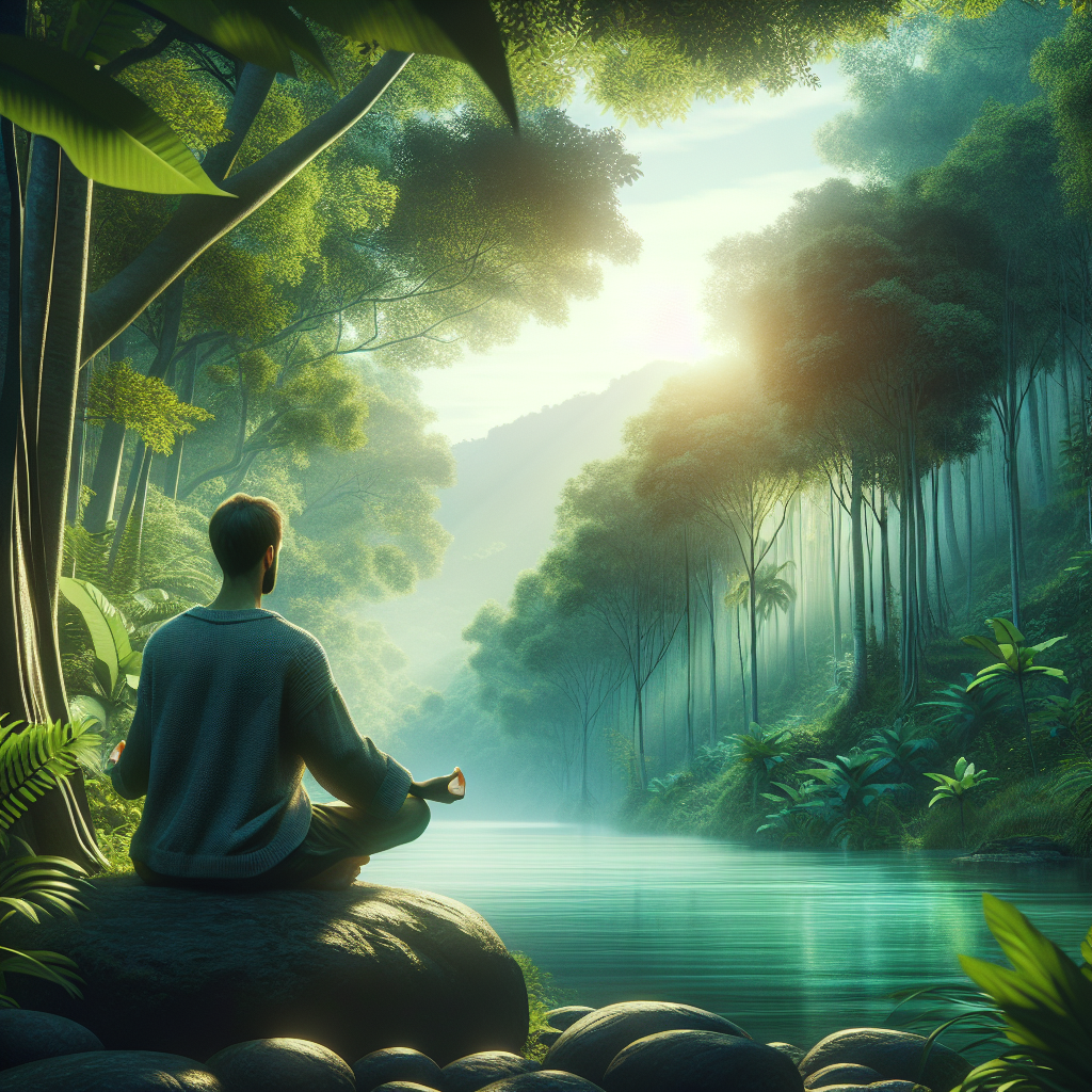 A serene scene of a person meditating outdoors, surrounded by nature, symbolizing the peaceful journey of spiritual growth and personal development in everyday life.