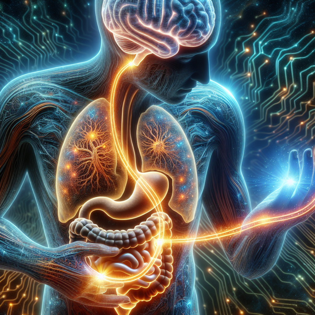 Illustration of a brain and gut linked by a glowing pathway, symbolizing the connection between intuition and science.