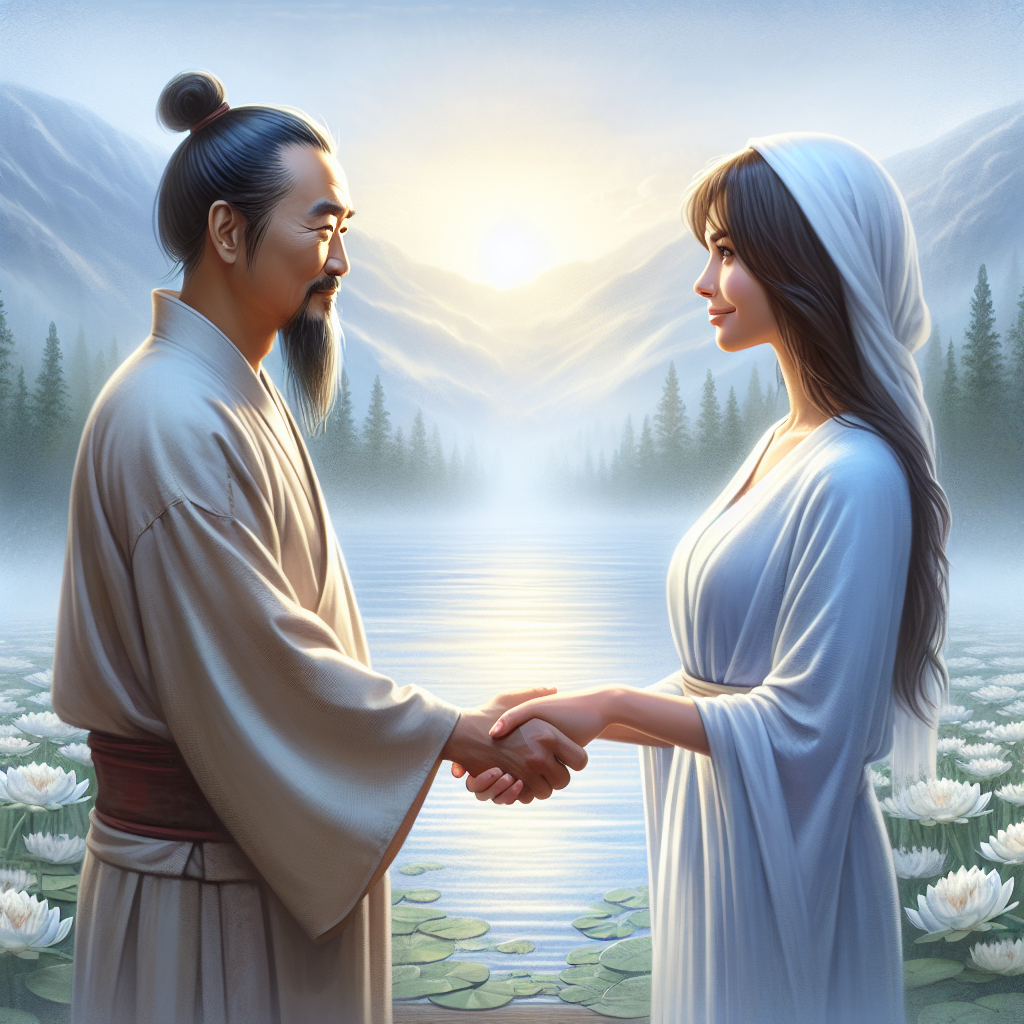 A serene scene of two people shaking hands, symbolizing resolving conflicts in personal relationships through non-violent communication, respect, and kindness.