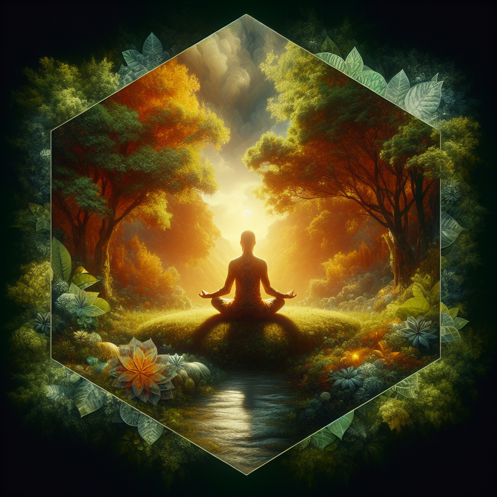 A serene scene of a person meditating outdoors, surrounded by nature, symbolizing inner peace and clarity in decision-making through spiritual guidance.