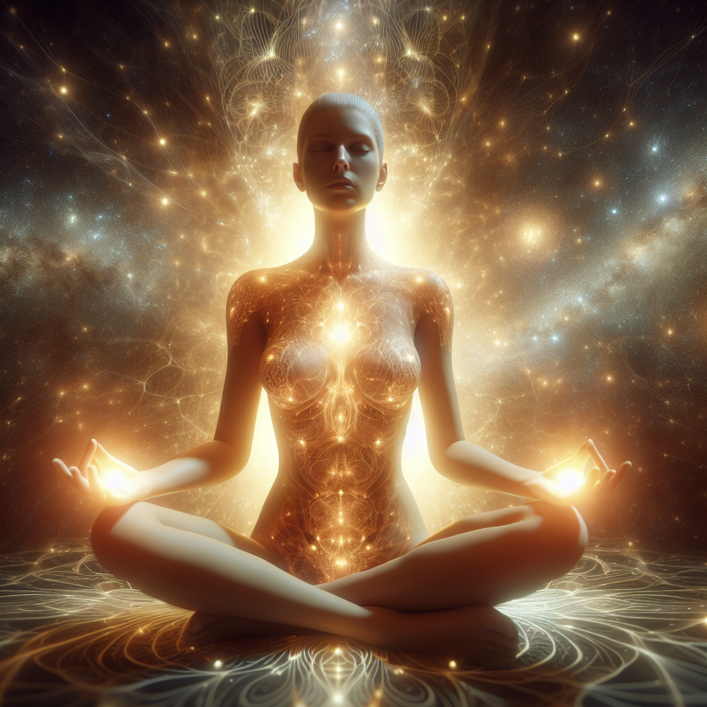 A serene scene with a person meditating, surrounded by soft, glowing light, symbolizing the calming influence of extrasensory perception on emotional healing.