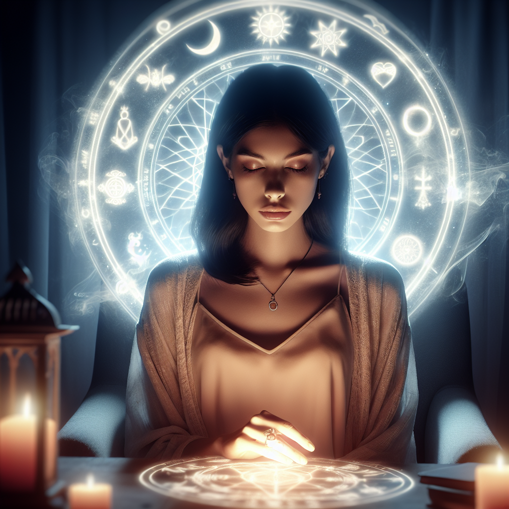 A serene psychic medium sitting in a cozy room, surrounded by soft light and mystical symbols, deep in thought and reflection.