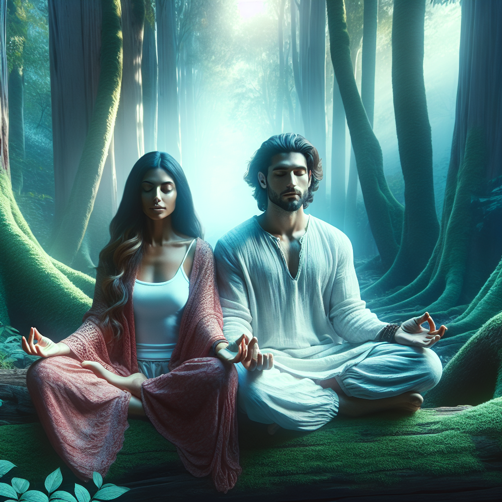 A serene couple meditating together in a tranquil forest, symbolizing the depth and serenity of a spiritual partnership beyond soul mate fantasies.