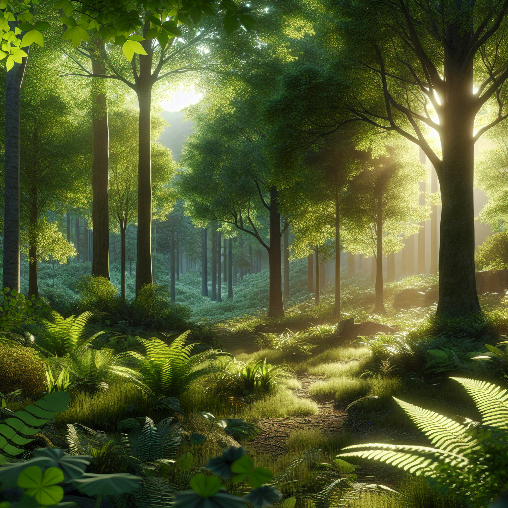 A serene forest with lush greenery, sunlight filtering through the leaves, promoting a sense of calm and tranquility.