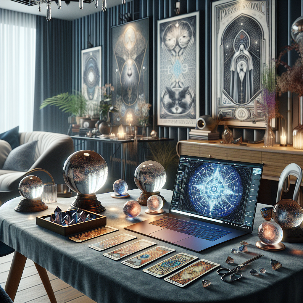 A calm, informal depiction of a modern psychic consultant's workspace, with crystal balls, tarot cards, and a laptop symbolizing the blend of mysticism and technology in the future of professional psychic consulting.