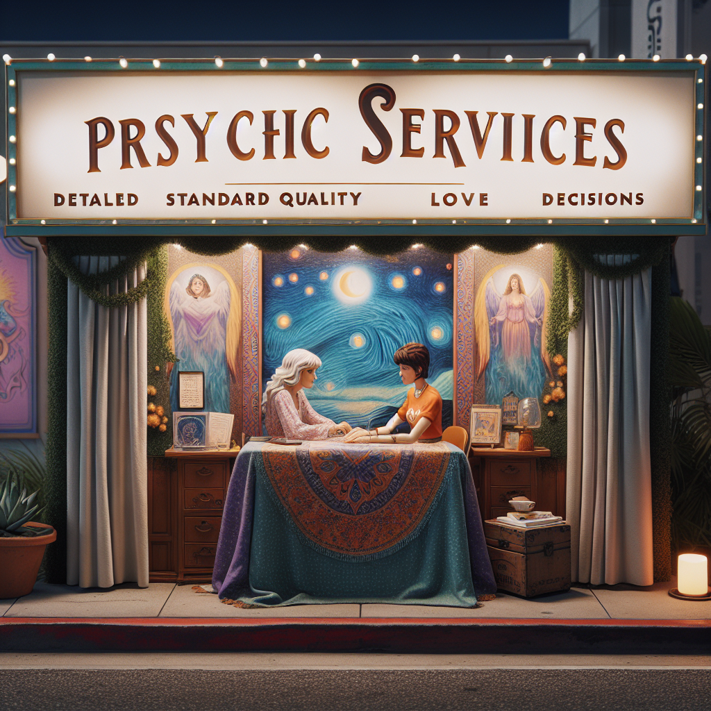 Psychic services booth in Santa Monica offering love and life path readings, with calming atmosphere and mystical decor.