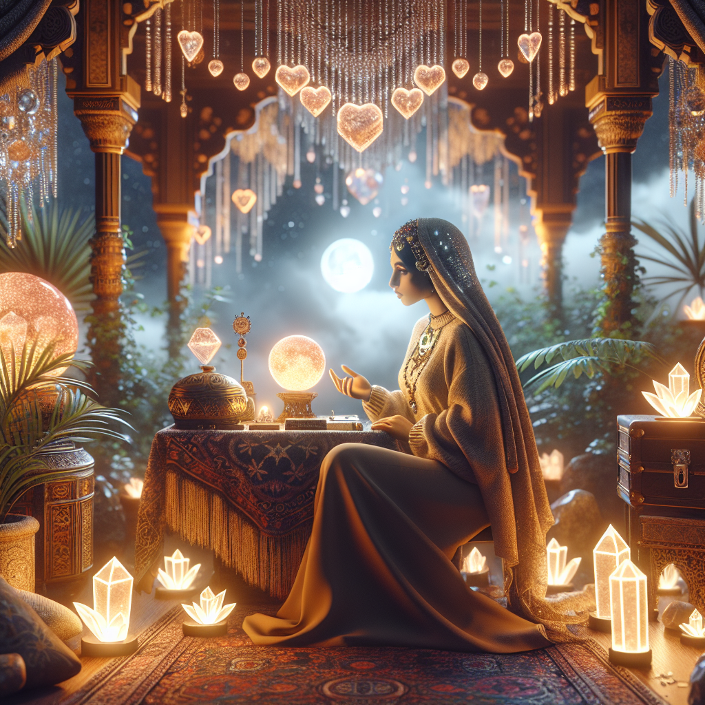 A serene West Hollywood psychic offering love guidance and relationship insight, surrounded by calming crystals and mystical decor.