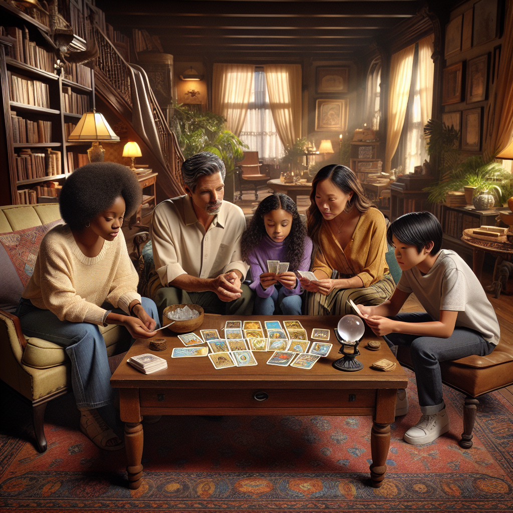 A family gathered in a cozy room, engaged in intuitive readings, seeking clarity and insights into their legacy paths in Hancock Park.