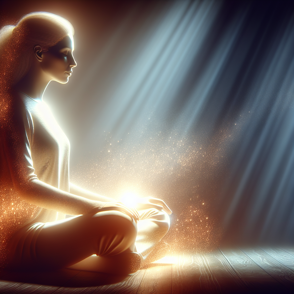 A serene scene of a person sitting cross-legged with closed eyes, surrounded by soft, ethereal light, symbolizing seeking psychic guidance for clarity after a breakup.