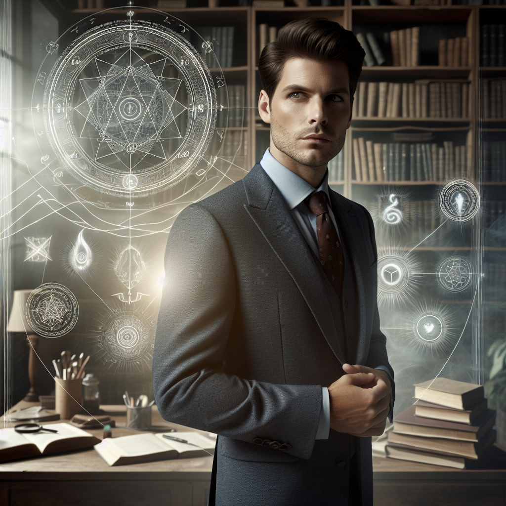 Jack Rourke, a calm and confident man, stands in a thoughtfully organized office, surrounded by books and mystical symbols, embodying his role as a psychic detective.