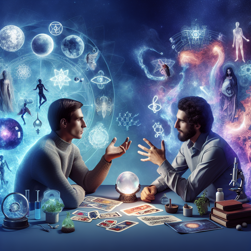 Two people engaged in a thoughtful conversation, surrounded by symbols of science and psychic phenomena.