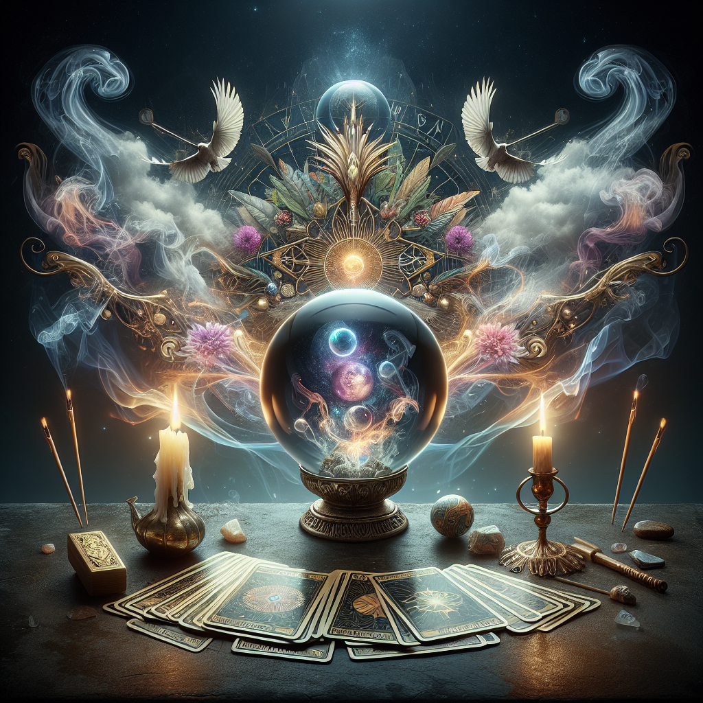 A serene scene with a mystical aura, featuring a crystal ball surrounded by tarot cards and burning incense, symbolizing the exploration of psychic ethics and uncovering spiritual manipulation.