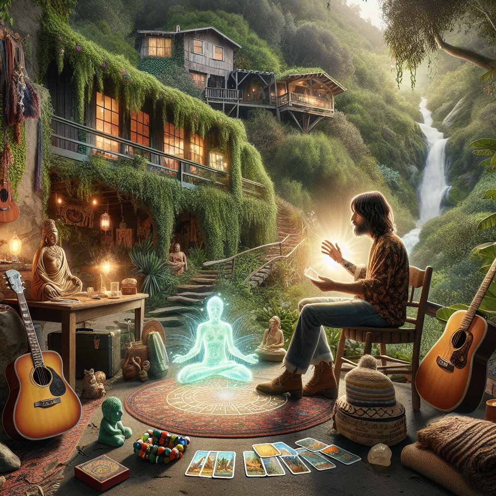 A musician receiving a psychic reading in Laurel Canyon, surrounded by a tranquil, bohemian atmosphere promoting spiritual growth and harmony.
