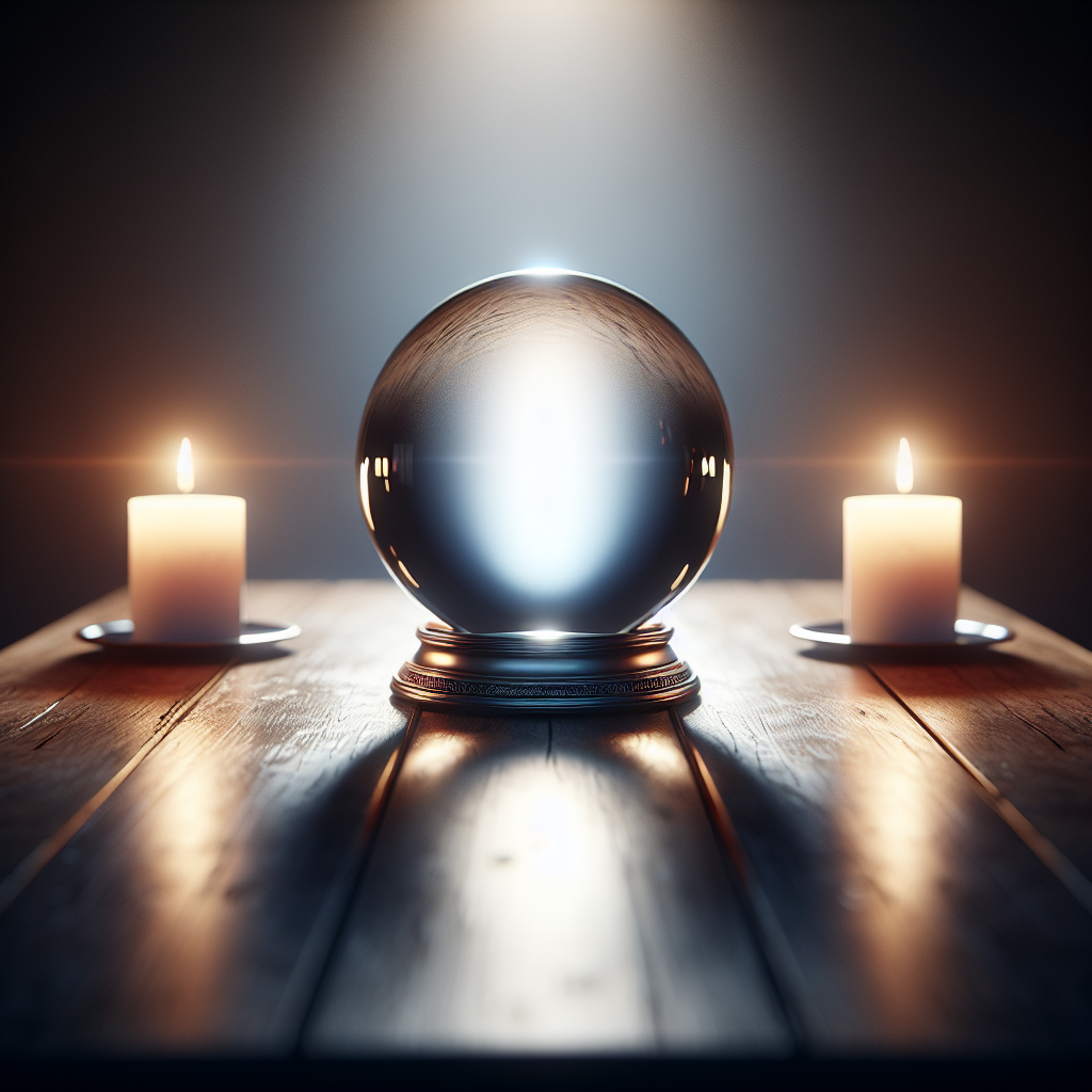 A serene scene of a crystal ball on a table, surrounded by soft candlelight, suggesting the calm and insightful nature of psychic discernment.