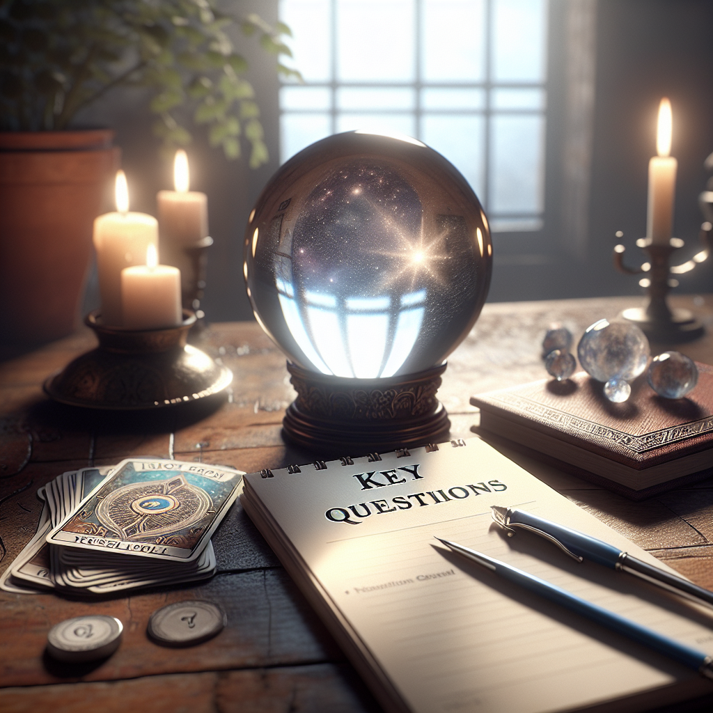 A calm and inviting atmosphere with a crystal ball, tarot cards, and a notepad labeled "Key Questions" for a psychic reading.