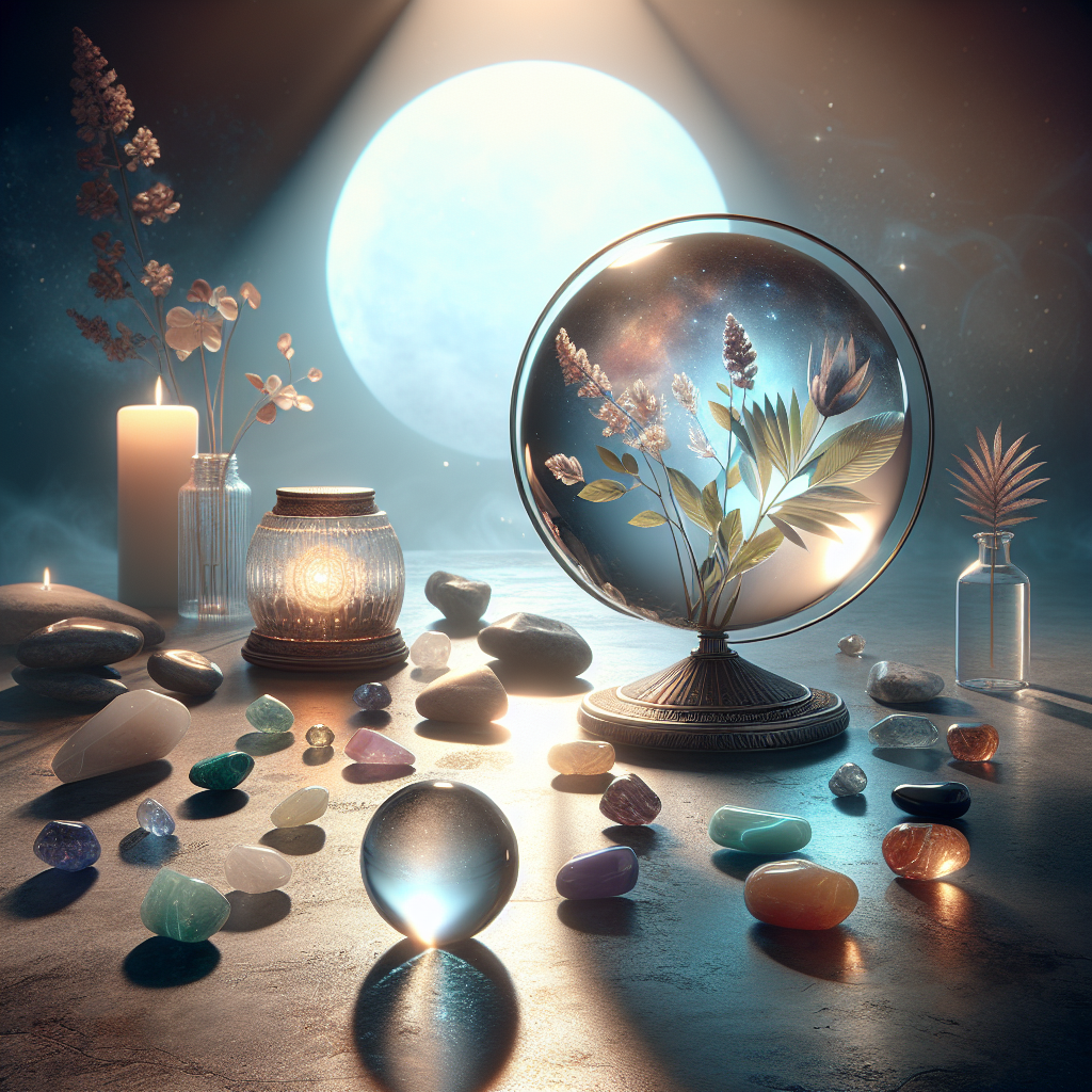 A serene scene with a crystal ball and healing stones, illustrating the contrast between psychic readings and energy healing practices.