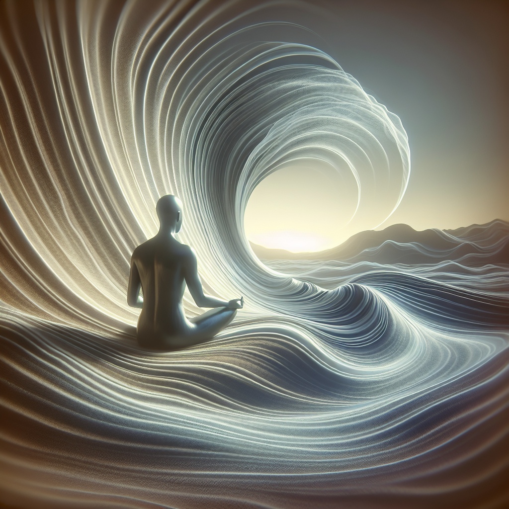 A serene atmosphere with subtle, muted colors, depicting a figure in quiet contemplation, surrounded by gentle waves symbolizing intuitive echoes influenced by past trauma.