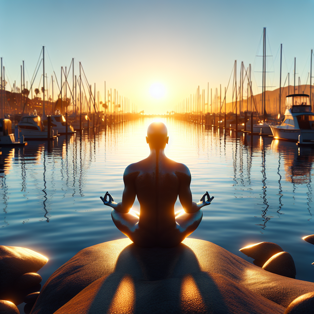Peaceful scene at Marina del Rey with a serene figure meditating by the water, symbolizing stress relief and spiritual alignment through psychic guidance.
