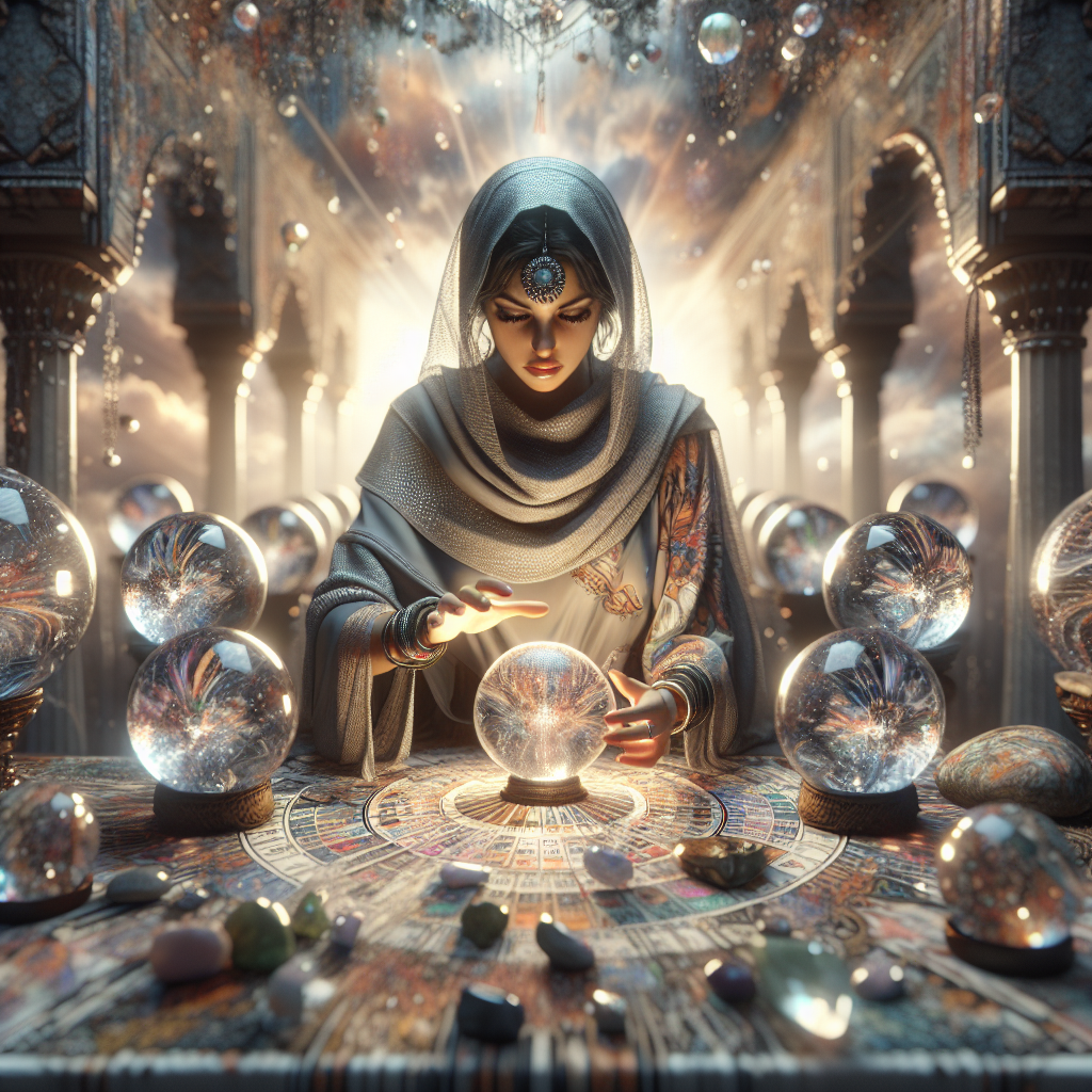 A serene scene of a psychic in Bel Air, surrounded by crystal balls, offering calm and insightful relationship advice and love guidance.