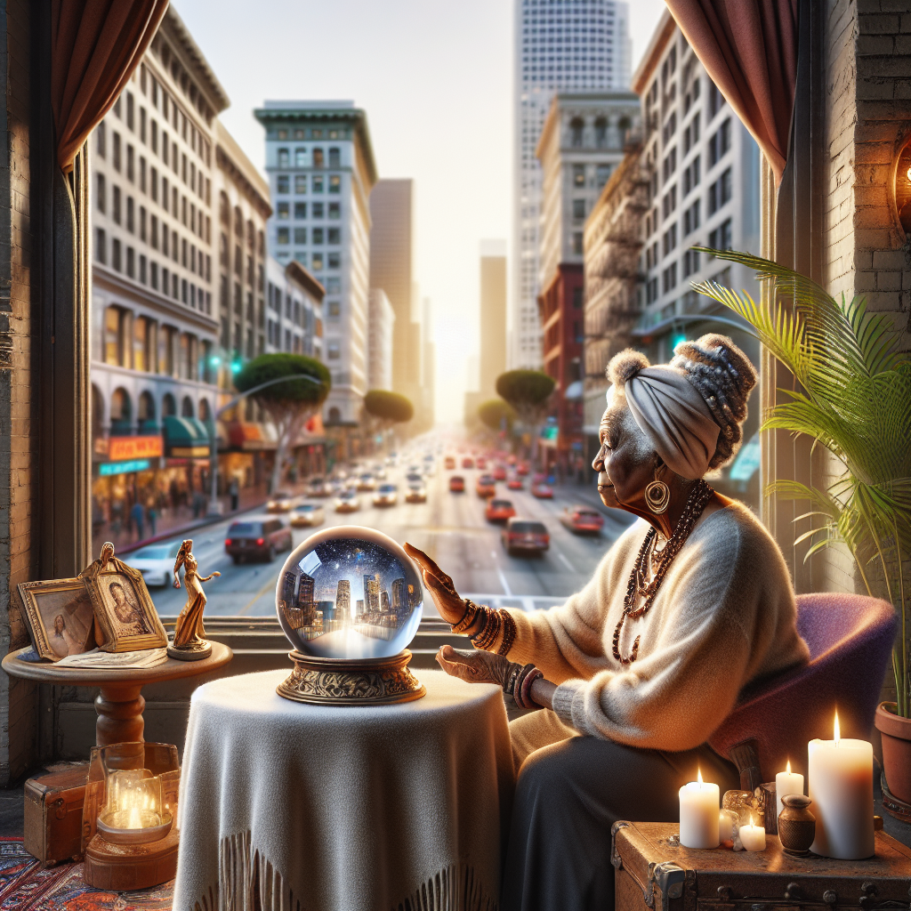 A serene scene of a psychic reader in a cozy nook amidst the bustling streets of Downtown LA, offering insights for spiritual growth and intuitive clarity.