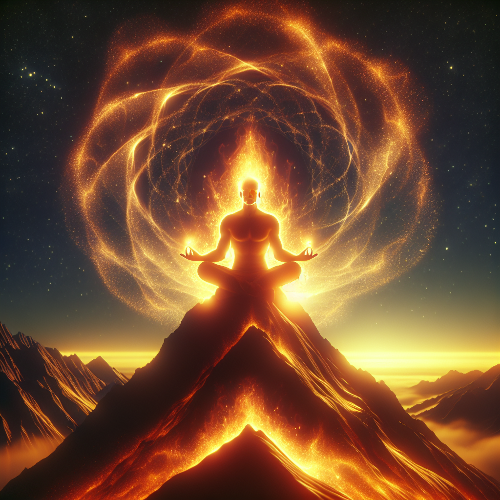 A serene traveler meditates on a mountaintop, surrounded by a warm glow, symbolizing spiritual growth and inner fire.
