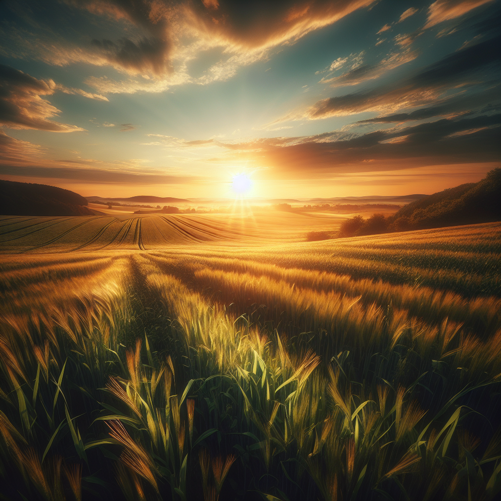 A serene summer landscape with a glowing sunset, symbolizing emotional openness and heart recalibration amidst nature's warmth.