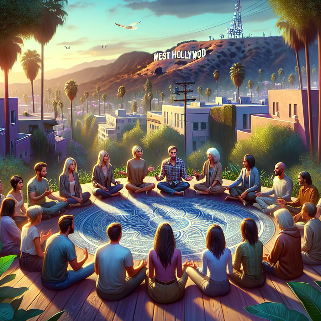 A serene scene in West Hollywood features a group of empaths engaged in a supportive circle, sharing spiritual insights and discussing personal boundaries.