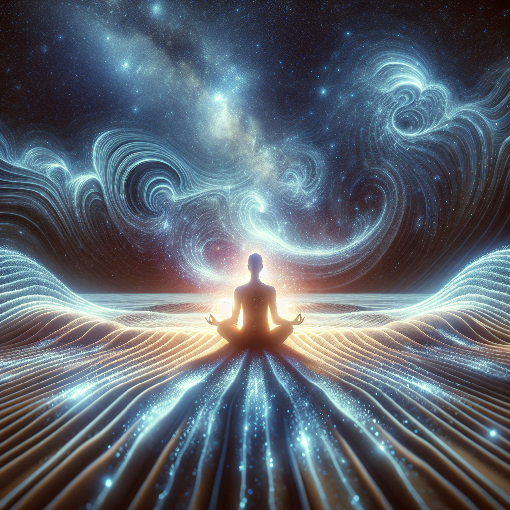 A peaceful scene of a person meditating under a starry sky, embodying spiritual spaciousness and energetic calm amidst cosmic waves.