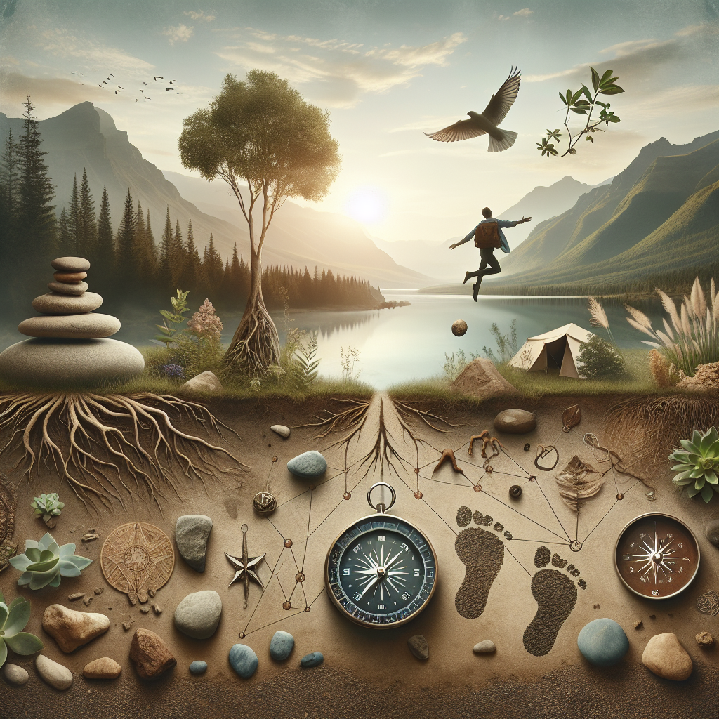 A serene landscape intertwining elements of nature and travel, symbolizing the balance between spiritual freedom and grounding.
