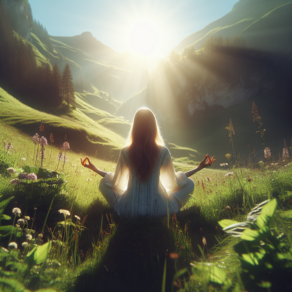 A serene summer scene depicting a person meditating in a sunlit meadow, capturing the essence of trusting intuition amidst emotional journeys, with a focus on spiritual capacity and energetic awareness.