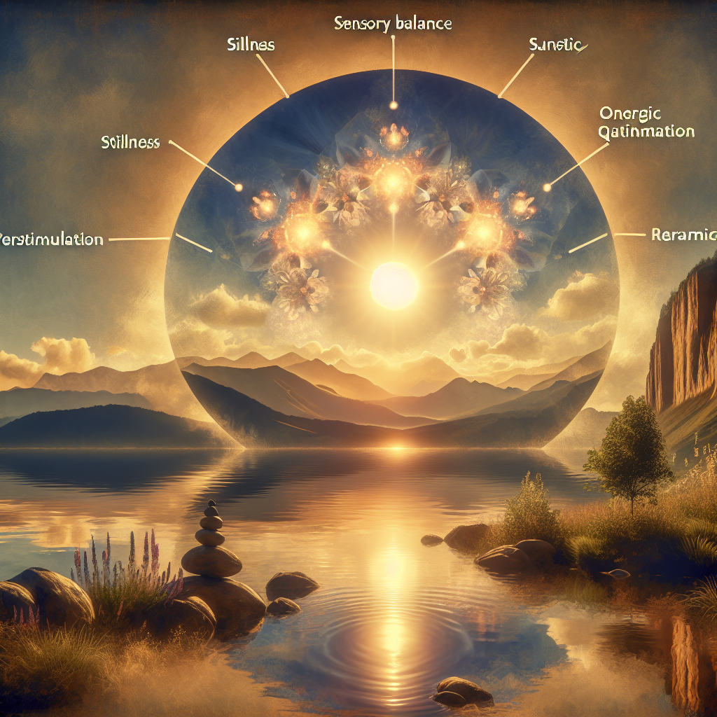 A peaceful scene with sunshine gently illuminating a serene landscape, highlighting the balance between sensory calmness and energetic quiet.