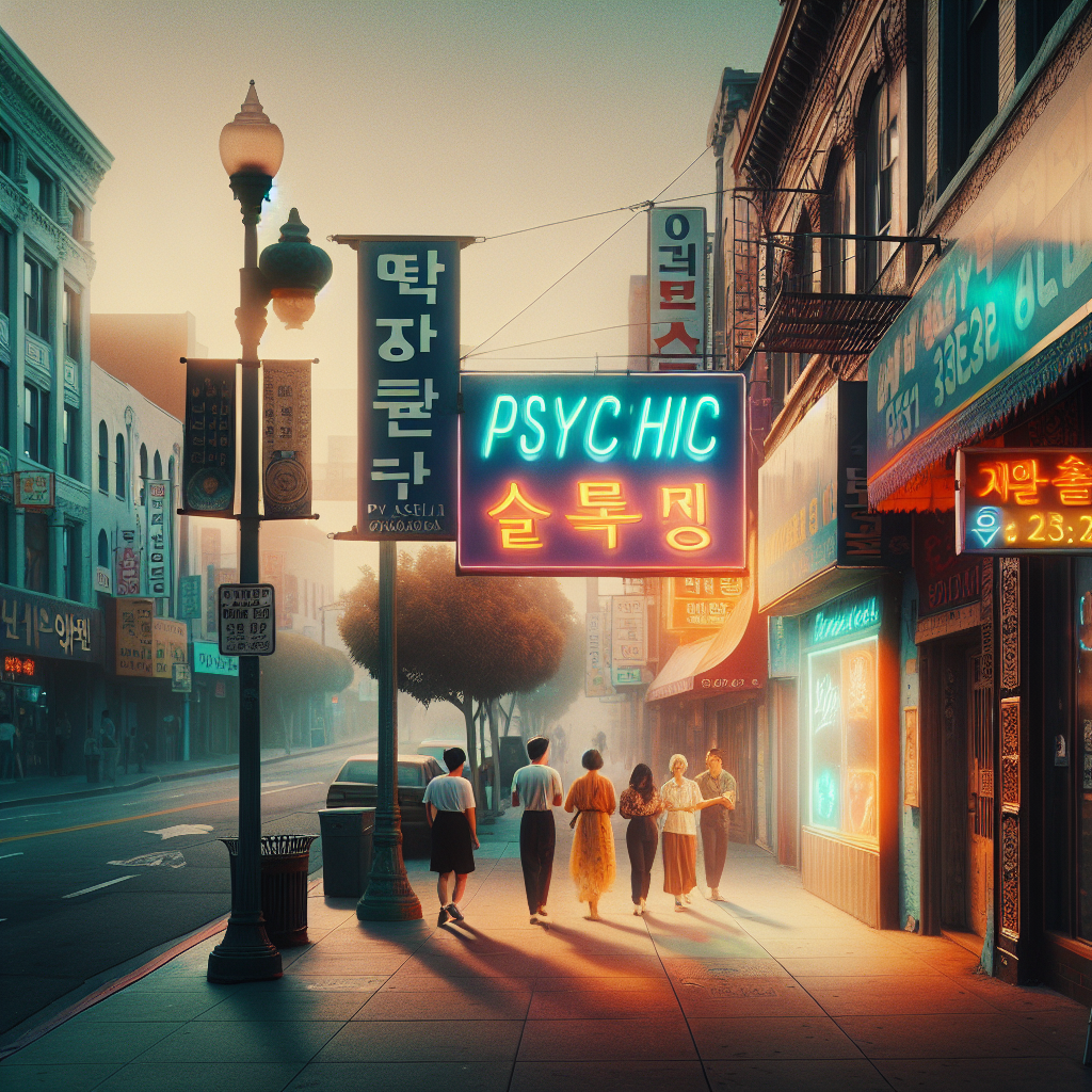 A serene street scene in Koreatown with softly glowing neon signs, a psychic's storefront, and gentle foot traffic, evoking a sense of spiritual alignment and emotional flow.