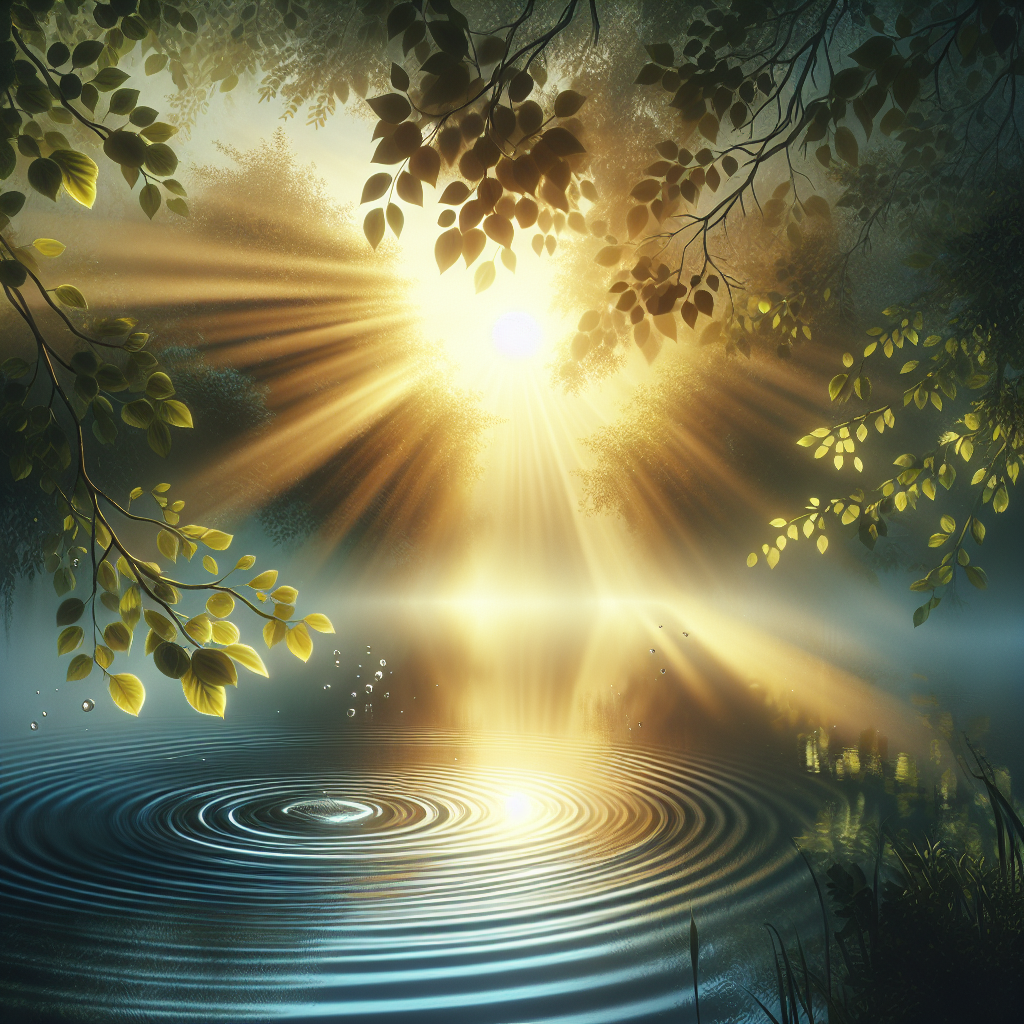 A serene morning scene with soft sunlight filtering through leaves, symbolizing the awakening of the soul's melody through voice activation and sound resonance, capturing the essence of spiritual truth and vibration.